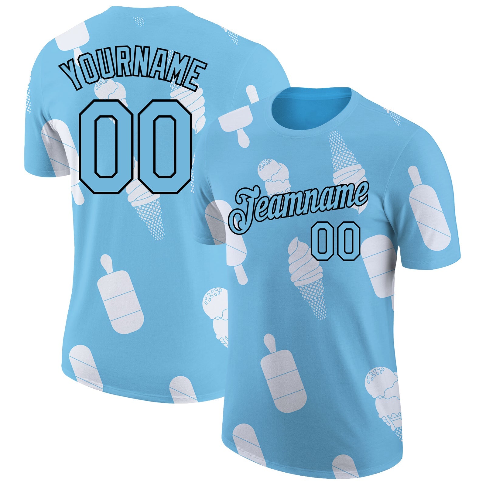 Custom Sky Blue Black-White 3D Pattern Design Summer Holiday Ice Cream Performance T-Shirt - Main View