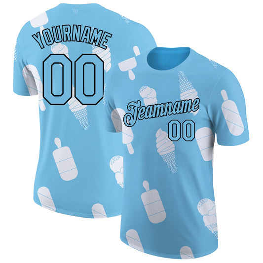 Custom Sky Blue Black-White 3D Pattern Design Summer Holiday Ice Cream Performance T-Shirt - Main View