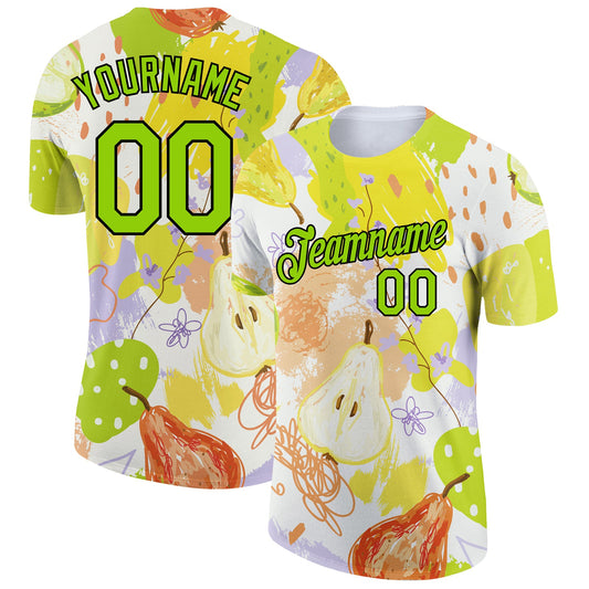 Custom White Neon Green-Black 3D Pattern Design Summer Holiday Fruit Performance T-Shirt - Main View