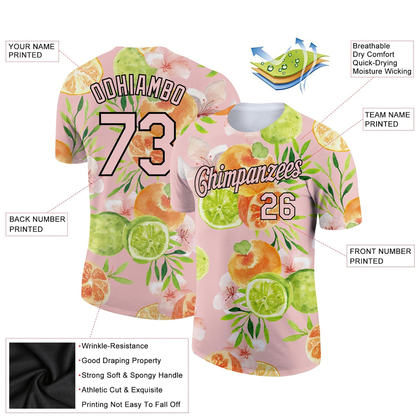 Custom Light Pink Black 3D Pattern Design Summer Holiday Fruit Performance T-Shirt view 2