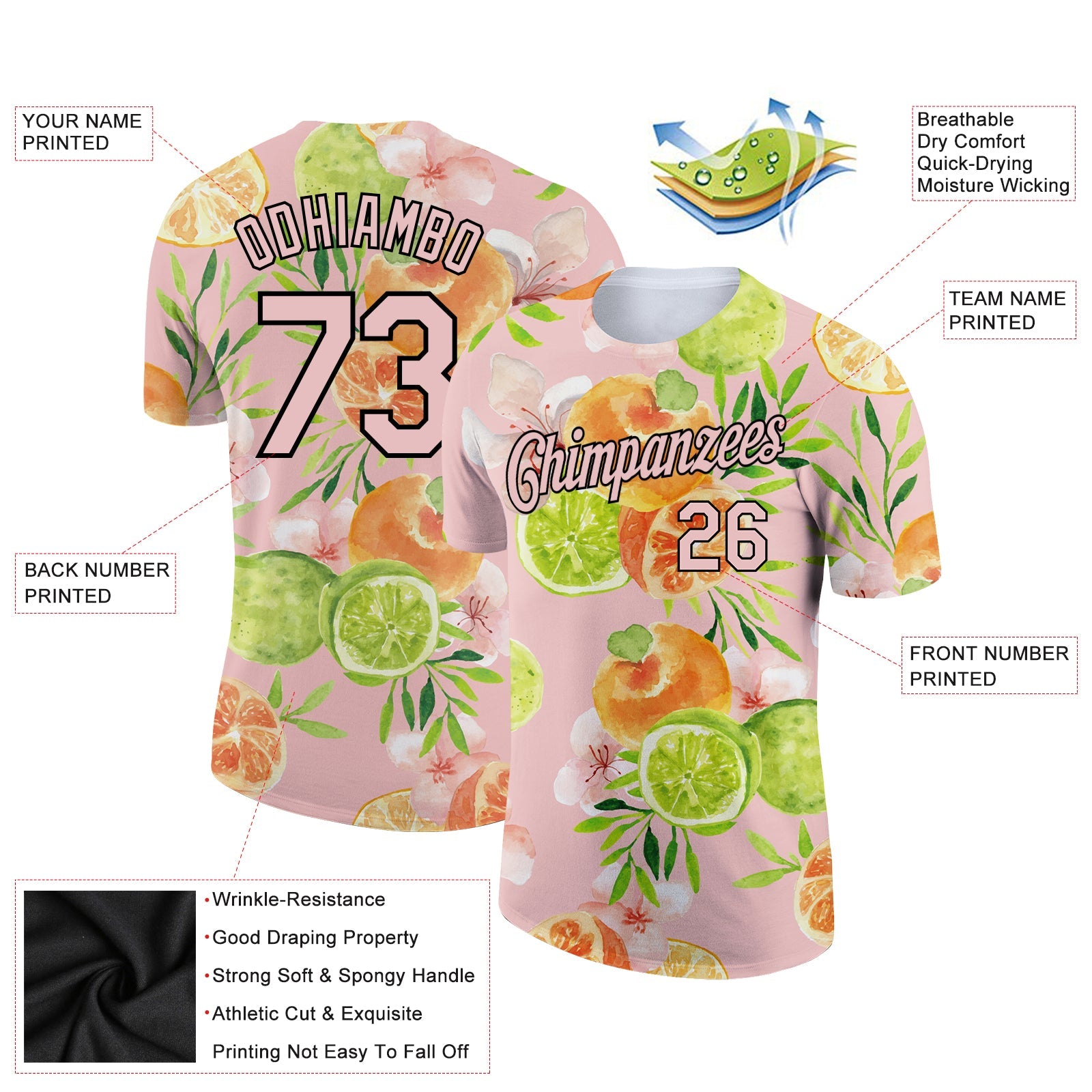 Custom Light Pink Black 3D Pattern Design Summer Holiday Fruit Performance T-Shirt view 2