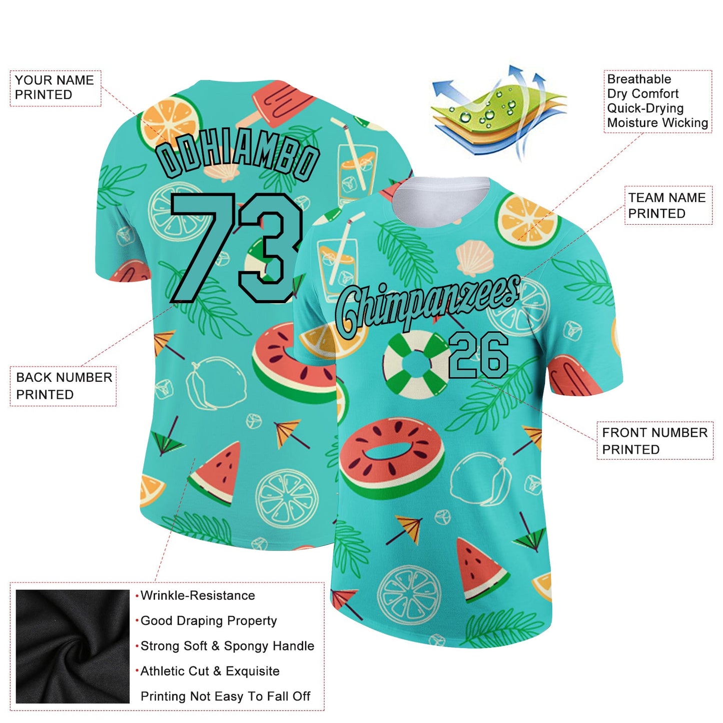 Custom Aqua Black 3D Pattern Design Summer Holiday Fruit Performance T-Shirt view 2