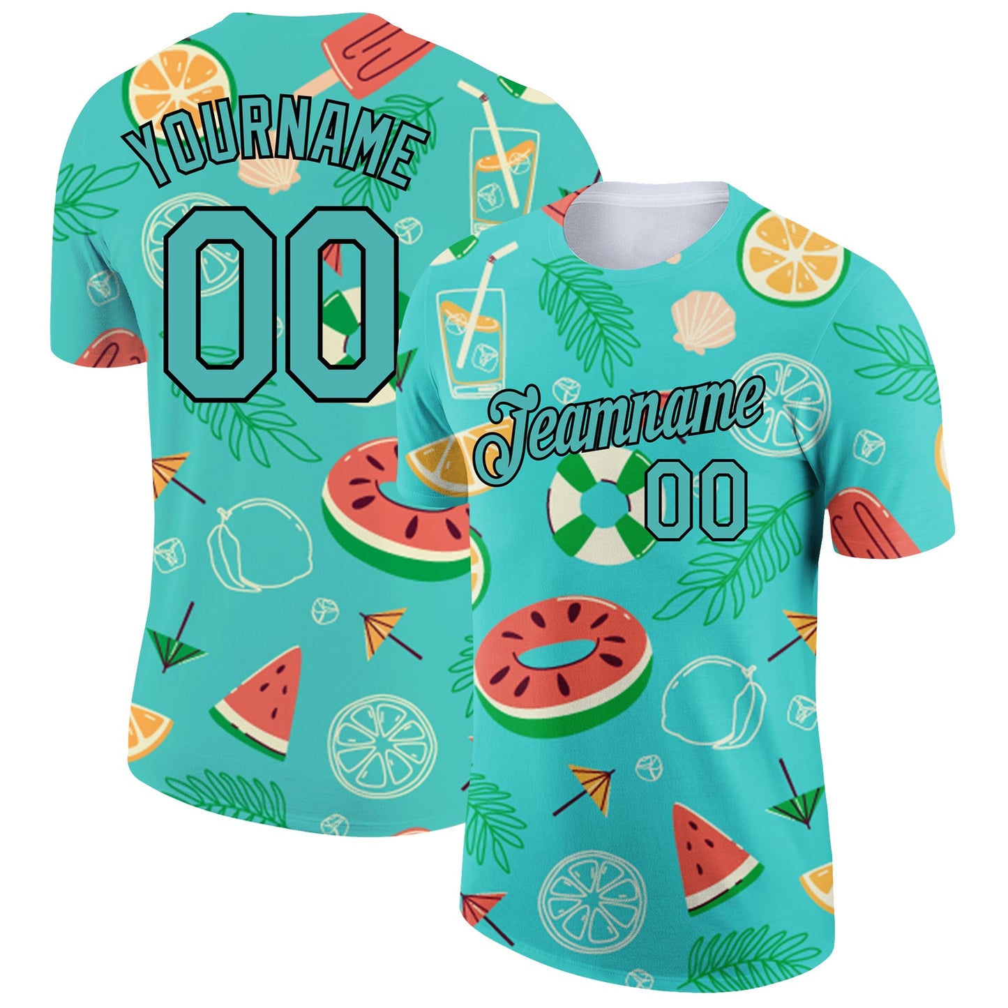 Custom Aqua Black 3D Pattern Design Summer Holiday Fruit Performance T-Shirt - Main View