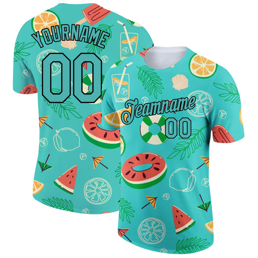 Custom Aqua Black 3D Pattern Design Summer Holiday Fruit Performance T-Shirt - Main View