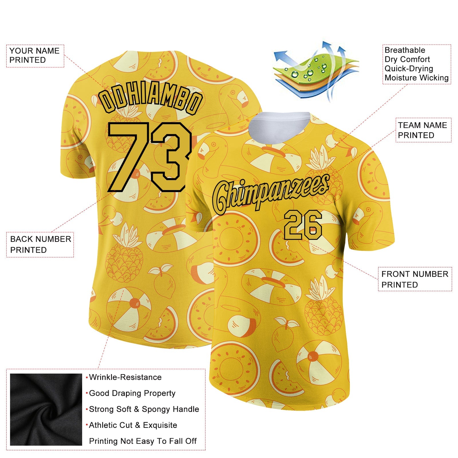 Custom Yellow Black 3D Pattern Design Summer Holiday Fruit Performance T-Shirt view 2