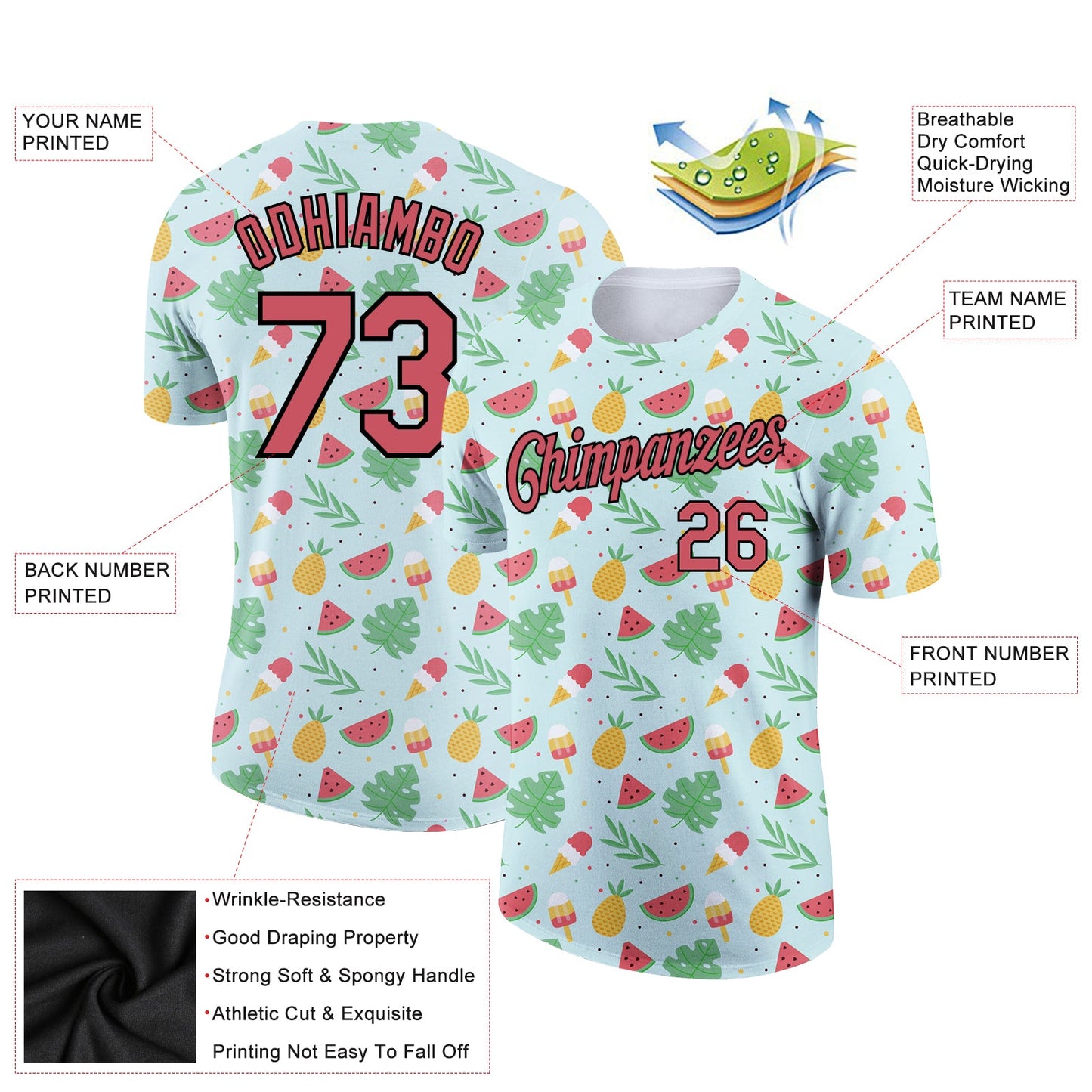 Custom Green Medium Pink-Black 3D Pattern Design Summer Holiday Fruit And Ice Cream Performance T-Shirt view 2