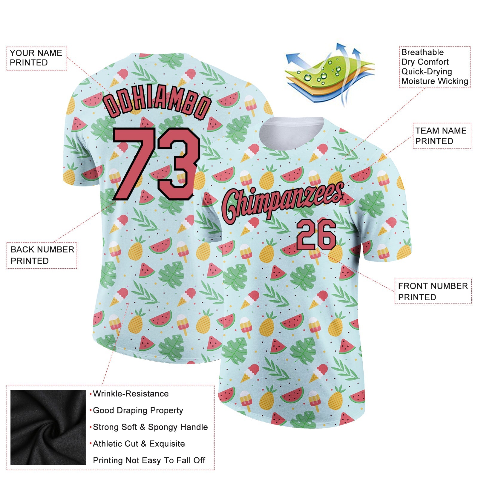 Custom Green Medium Pink-Black 3D Pattern Design Summer Holiday Fruit And Ice Cream Performance T-Shirt view 2