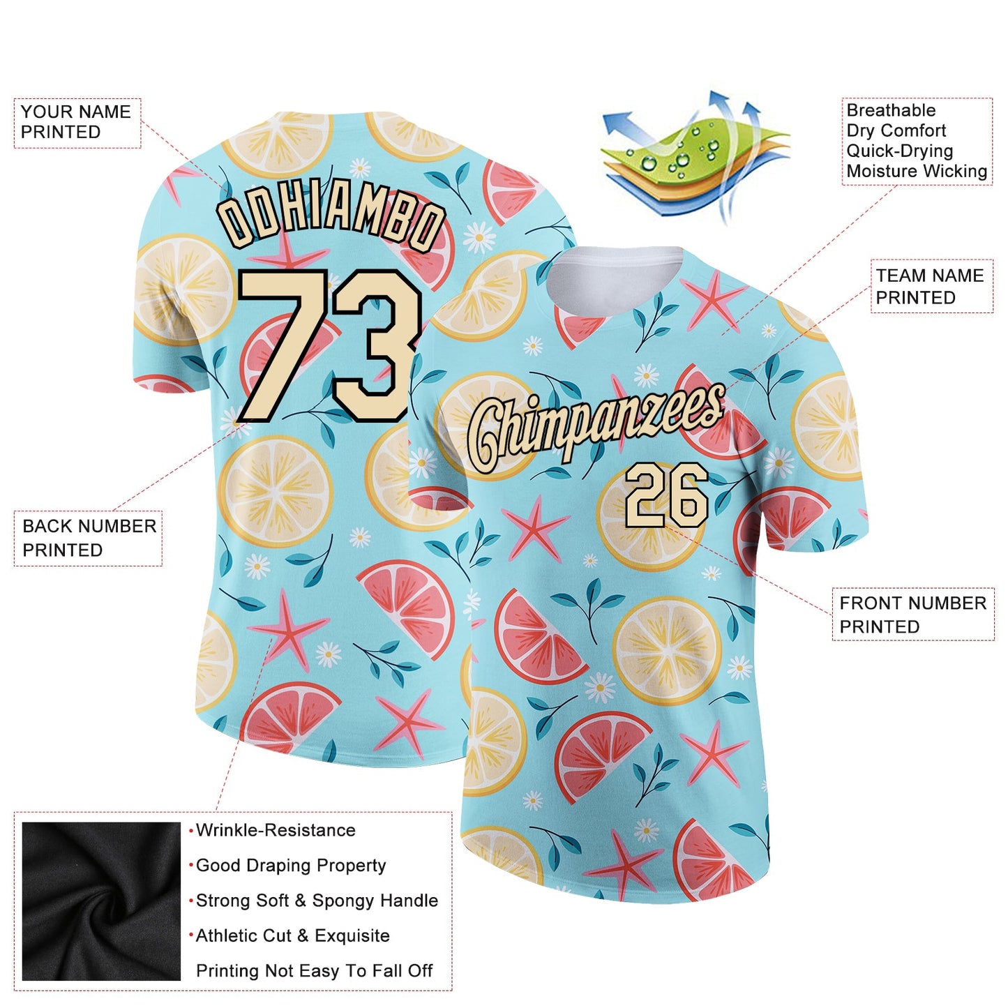 Custom Sky Blue City Cream-Black 3D Pattern Design Summer Holiday Fruit And Flower Performance T-Shirt view 2