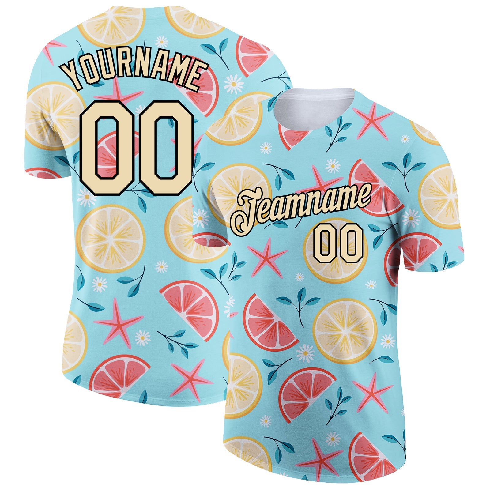 Custom Sky Blue City Cream-Black 3D Pattern Design Summer Holiday Fruit And Flower Performance T-Shirt - Main View