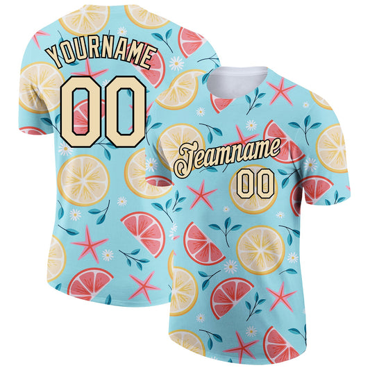Custom Sky Blue City Cream-Black 3D Pattern Design Summer Holiday Fruit And Flower Performance T-Shirt - Main View