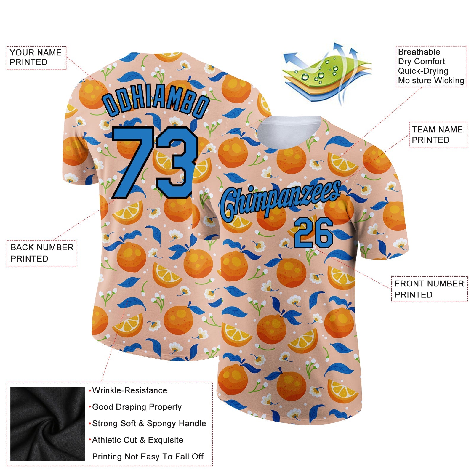 Custom Orange Blue-Black 3D Pattern Design Summer Holiday Fruit And Flower Performance T-Shirt view 2