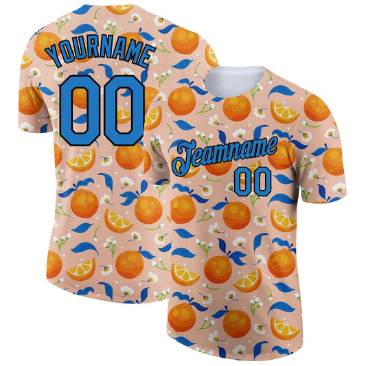 Custom Orange Blue-Black 3D Pattern Design Summer Holiday Fruit And Flower Performance T-Shirt - Main View