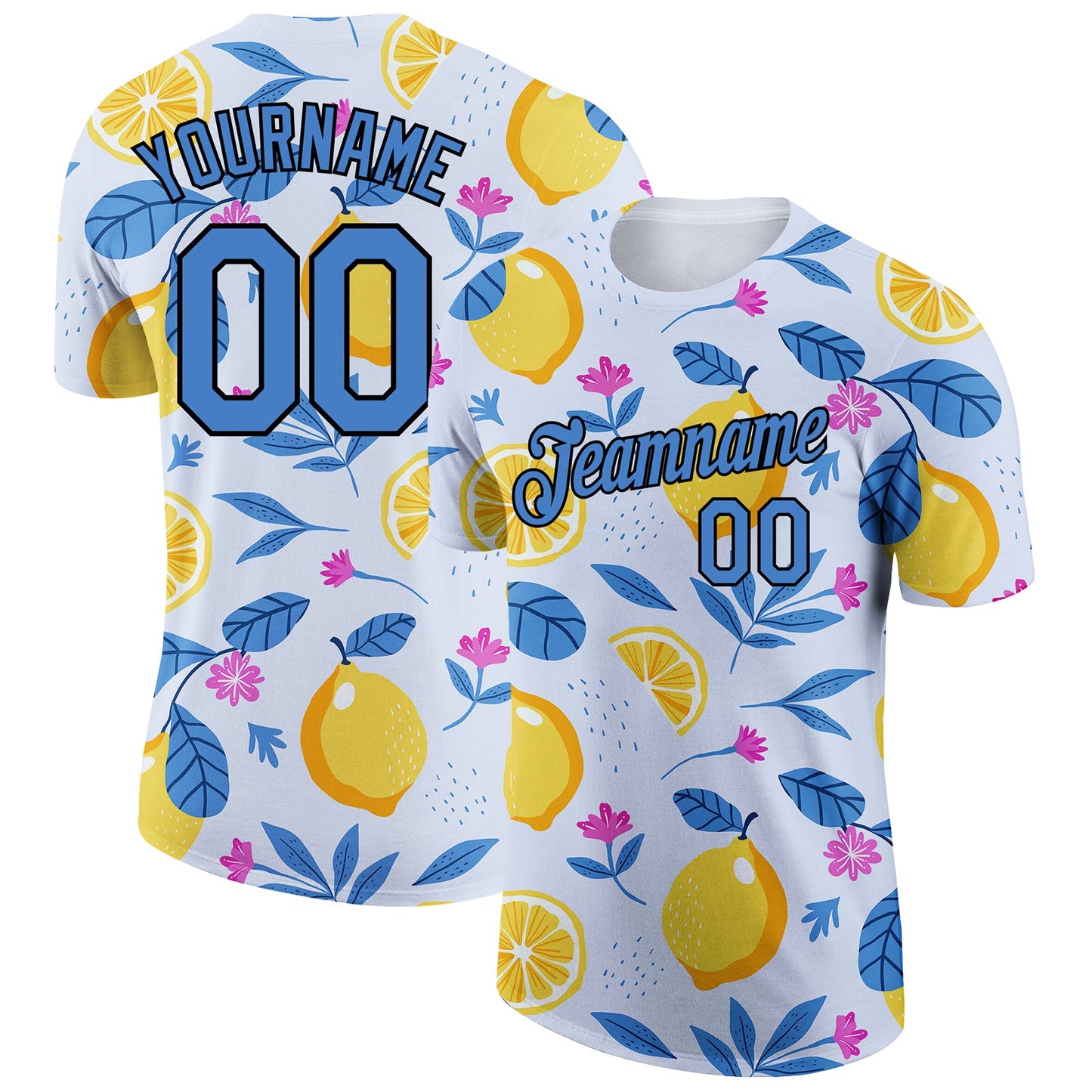Custom White Blue-Black 3D Pattern Design Summer Holiday Fruit And Flower Performance T-Shirt - Main View