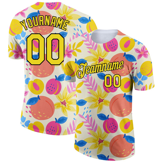 Custom Cream Neon Yellow-Black 3D Pattern Design Summer Holiday Fruit Performance T-Shirt - Main View