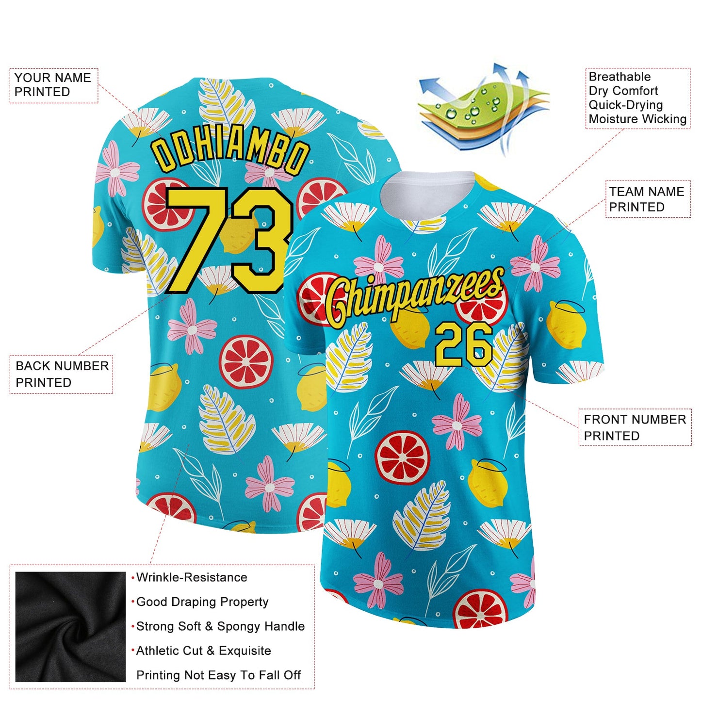 Custom Sky Blue Neon Yellow-Black 3D Pattern Design Summer Holiday Flower And Fruit Performance T-Shirt view 2