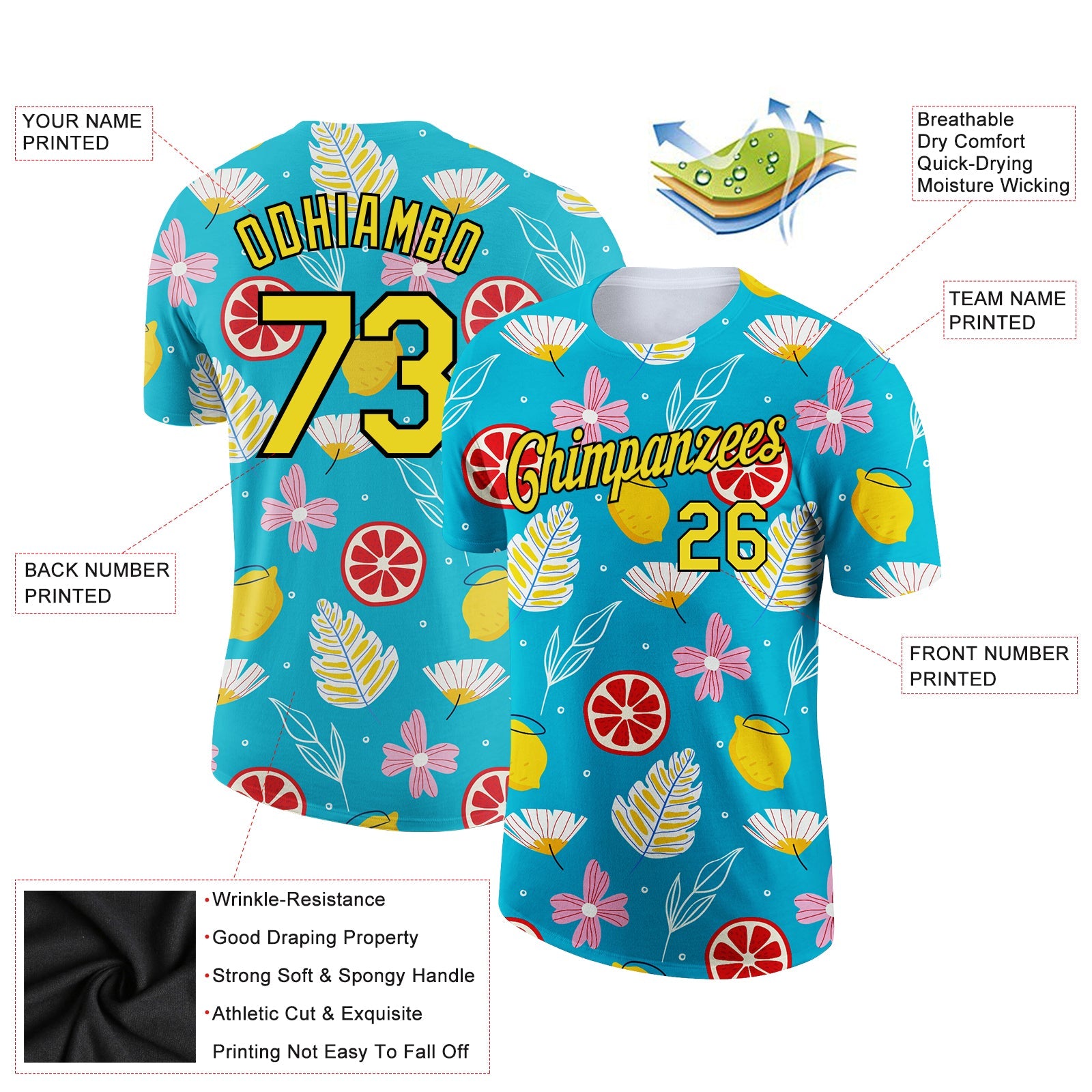 Custom Sky Blue Neon Yellow-Black 3D Pattern Design Summer Holiday Flower And Fruit Performance T-Shirt view 2