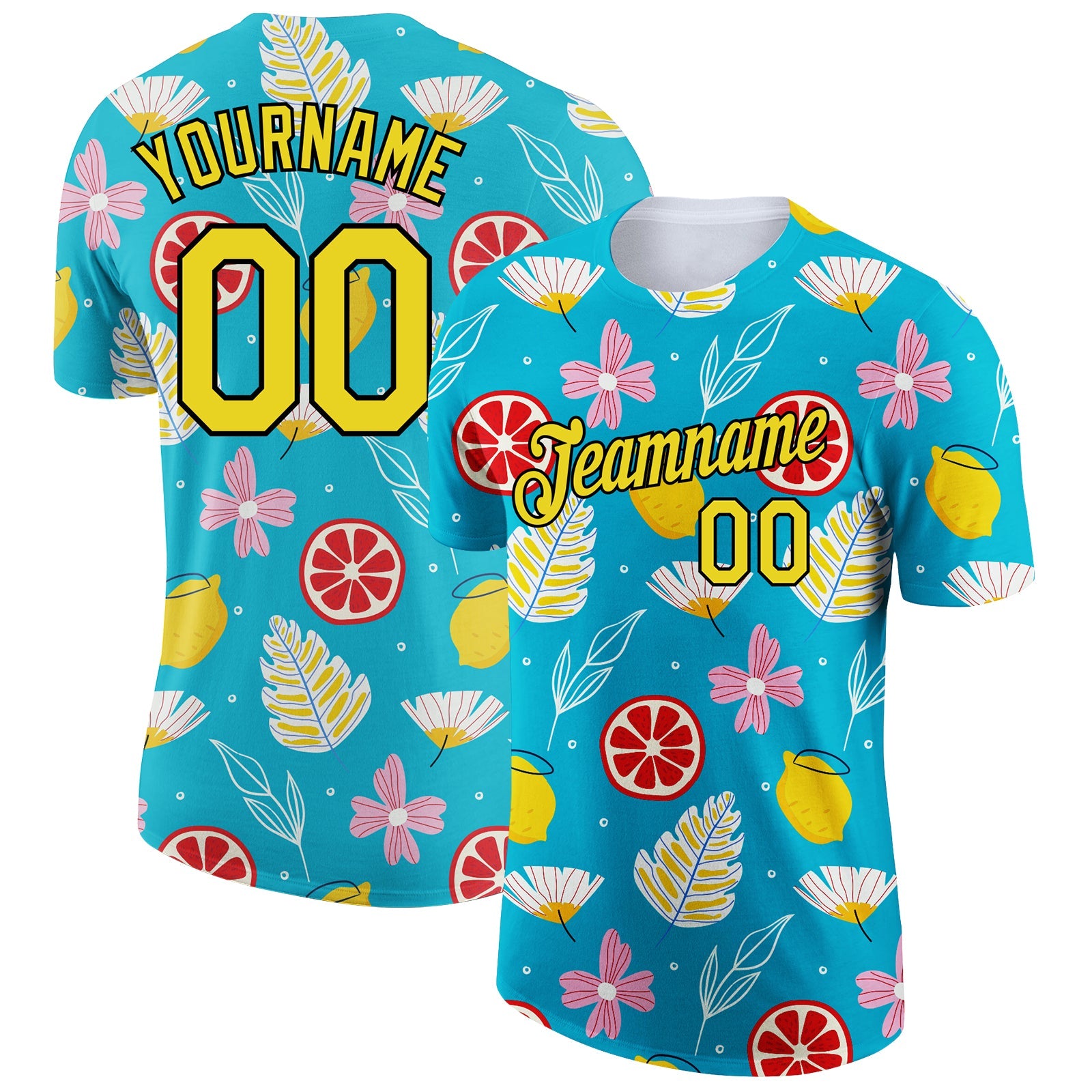 Custom Sky Blue Neon Yellow-Black 3D Pattern Design Summer Holiday Flower And Fruit Performance T-Shirt - Main View