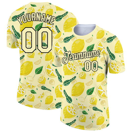 Custom Yellow Black 3D Pattern Design Summer Holiday Flower And Fruit Performance T-Shirt - Main View