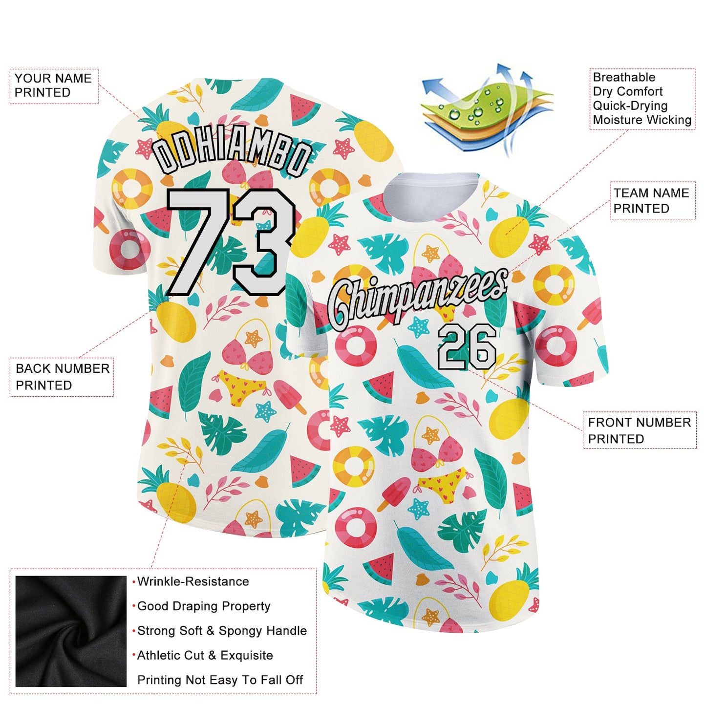 Custom White Black 3D Pattern Design Summer Holiday Flower And Fruit Performance T-Shirt view 2