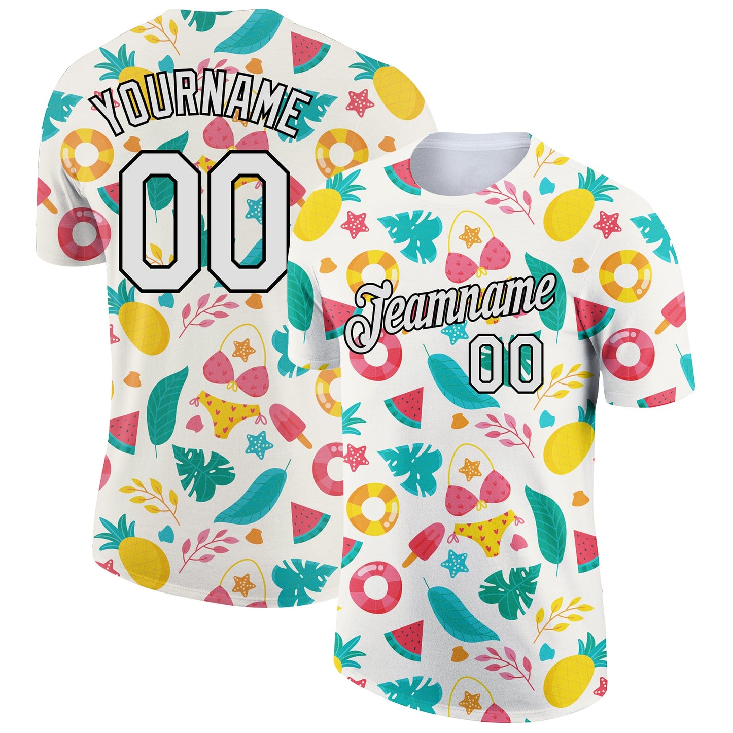 Custom White Black 3D Pattern Design Summer Holiday Flower And Fruit Performance T-Shirt - Main View