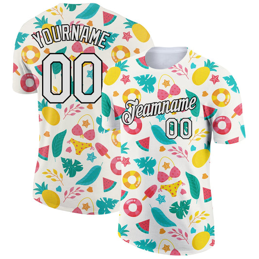 Custom White Black 3D Pattern Design Summer Holiday Flower And Fruit Performance T-Shirt - Main View