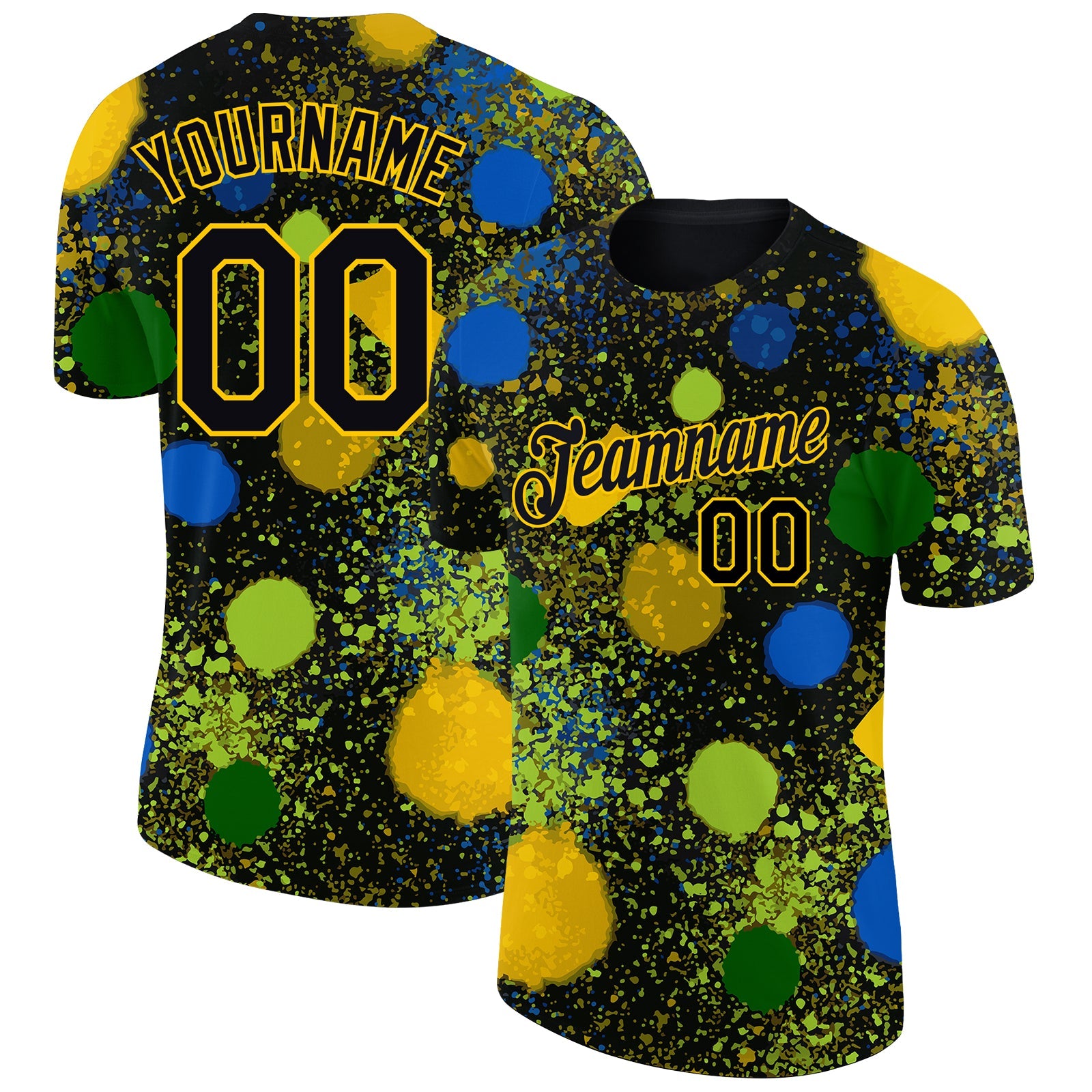 Custom Black Gold 3D Pattern Design Holi Festival Color Powder Performance T-Shirt - Main View