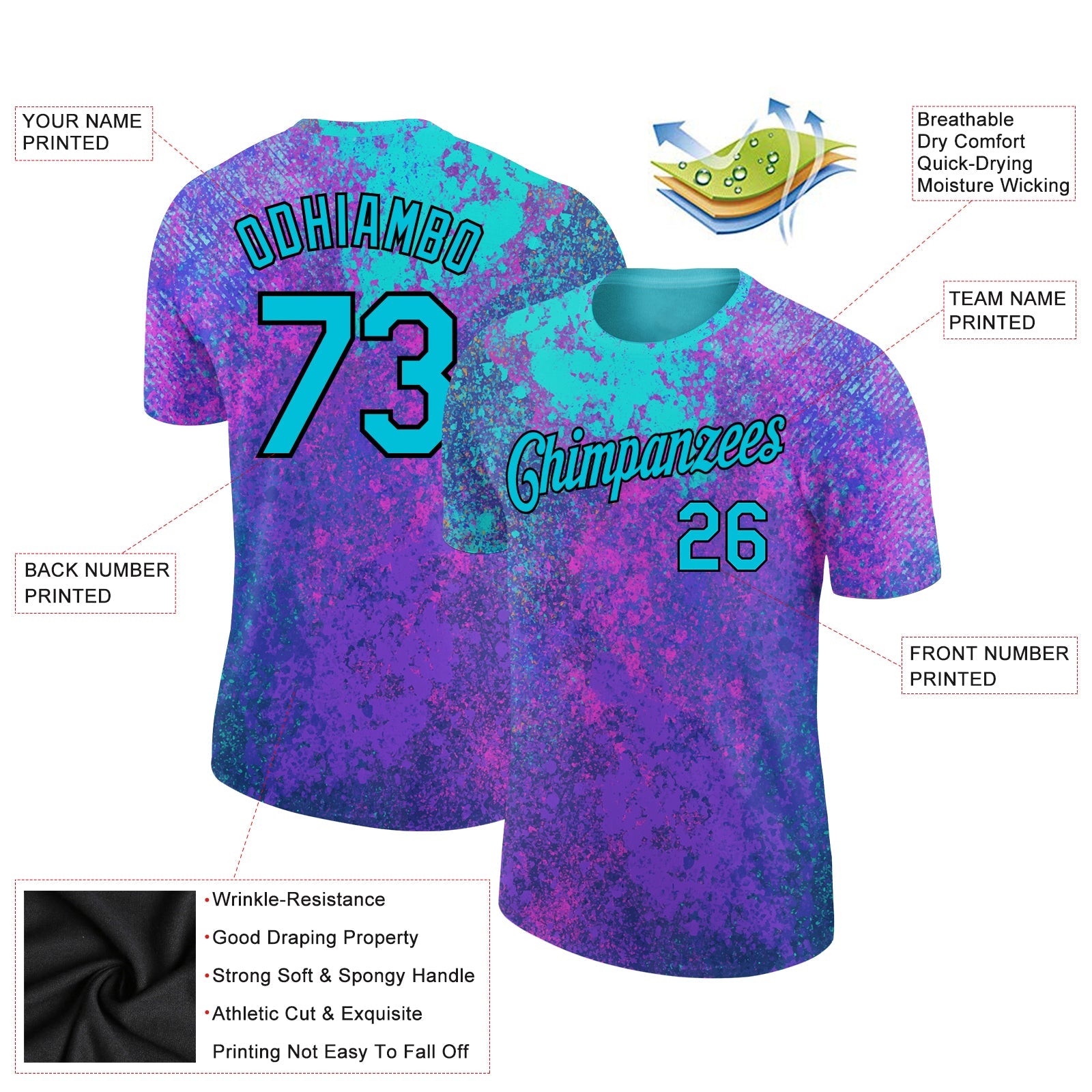 Custom Purple Lakes Blue-Black 3D Pattern Design Holi Festival Color Powder Performance T-Shirt view 2