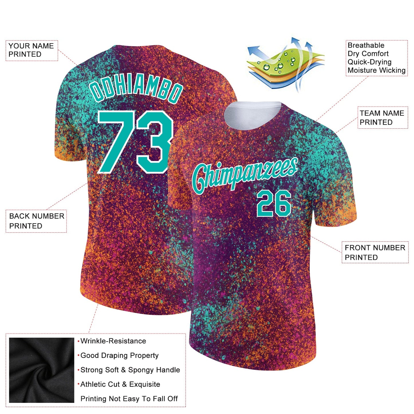 Custom Red Aqua-White 3D Pattern Design Holi Festival Color Powder Performance T-Shirt view 2