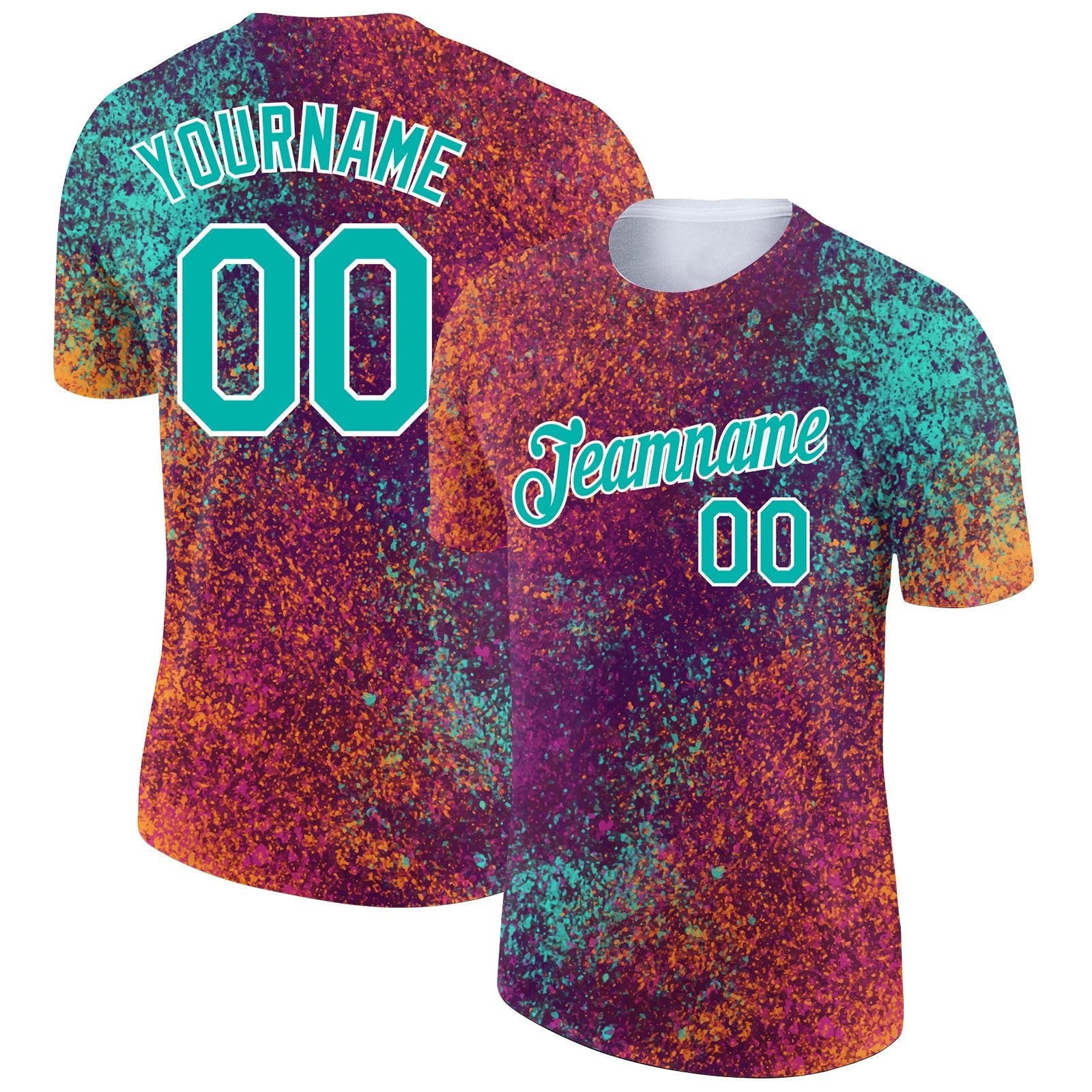 Custom Red Aqua-White 3D Pattern Design Holi Festival Color Powder Performance T-Shirt - Main View