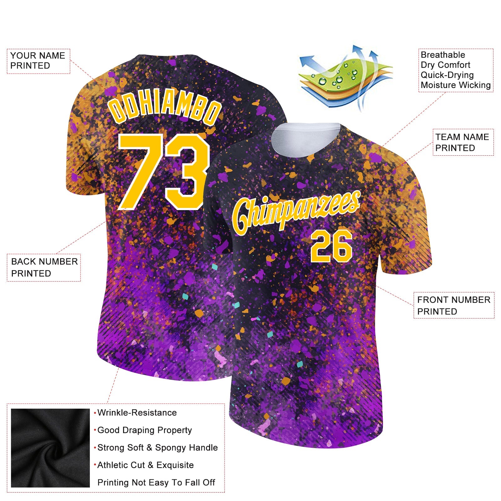 Custom Black Yellow-Purple 3D Pattern Design Holi Festival Color Powder Performance T-Shirt view 2