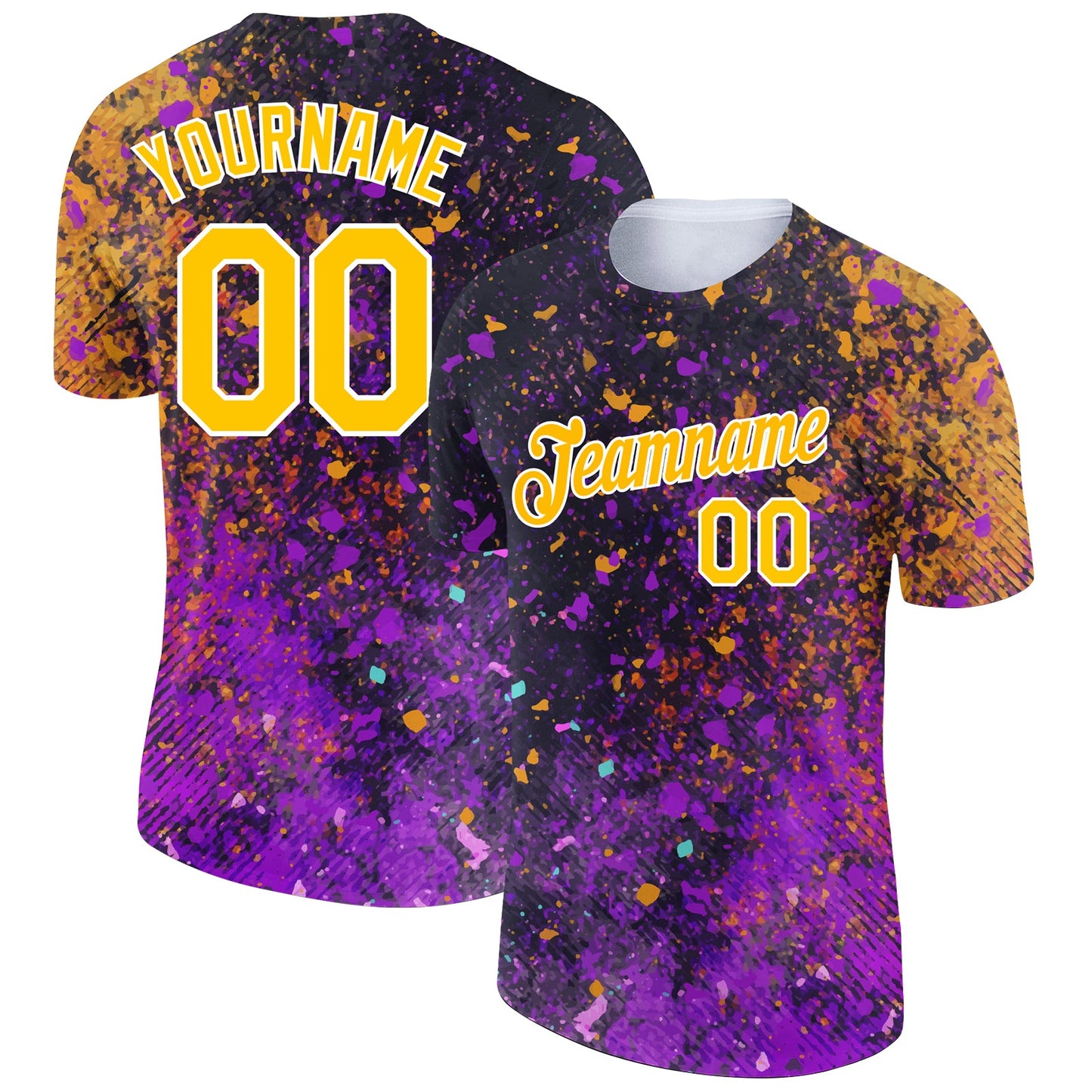 Custom Black Yellow-Purple 3D Pattern Design Holi Festival Color Powder Performance T-Shirt - Main View
