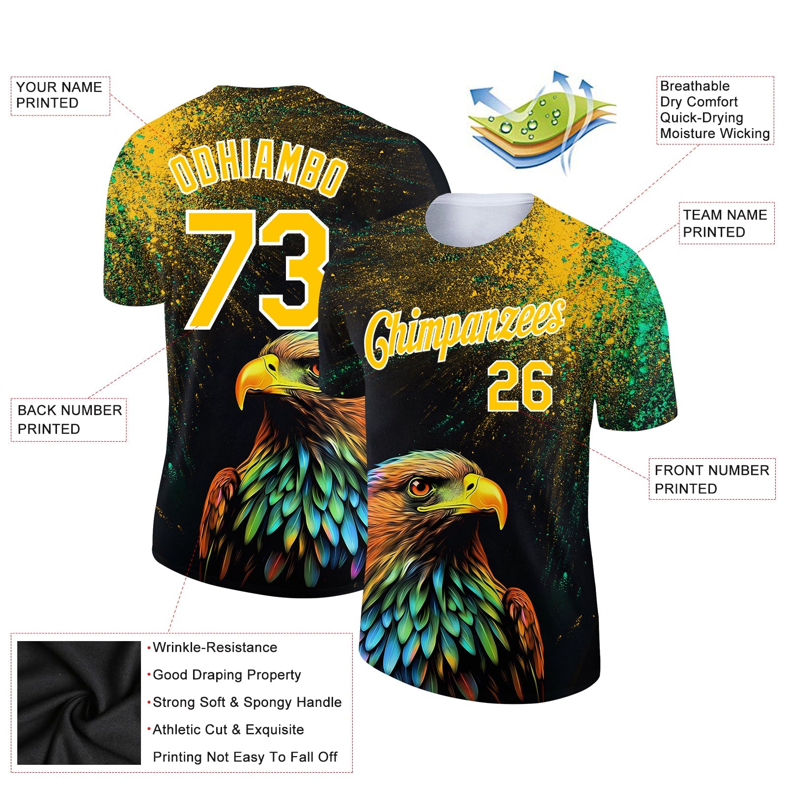 Custom Black Yellow-White 3D Pattern Design Holi Festival Color Powder Performance T-Shirt view 2