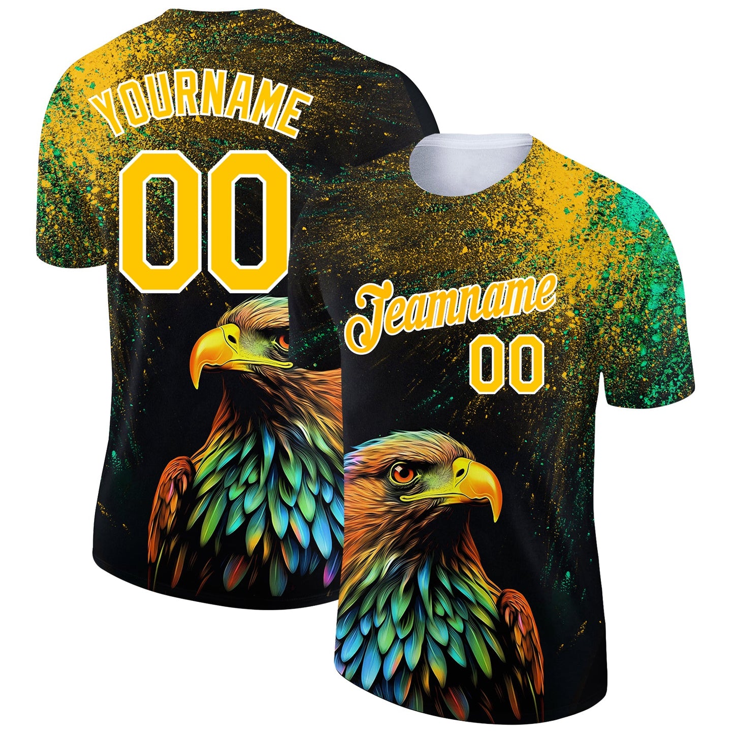 Custom Black Yellow-White 3D Pattern Design Holi Festival Color Powder Performance T-Shirt - Main View