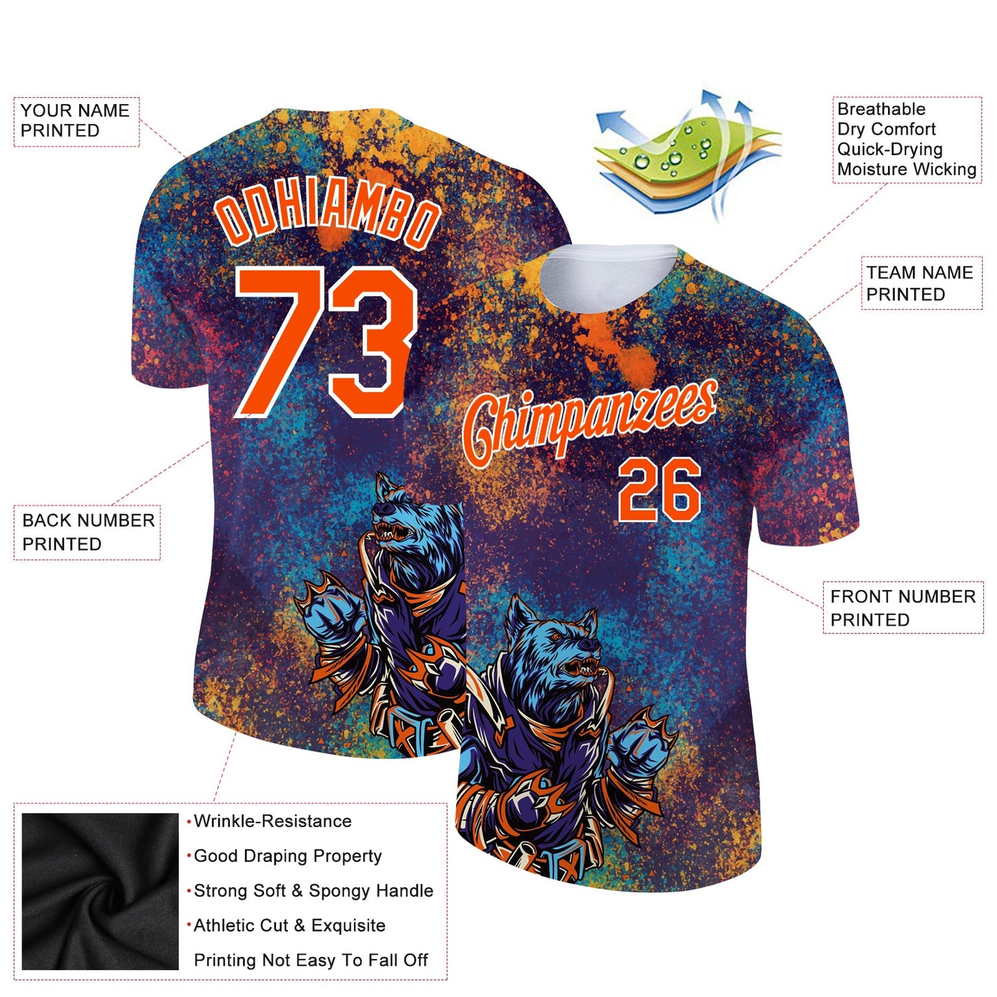 Custom Purple Orange-White 3D Pattern Design Holi Festival Color Powder Performance T-Shirt view 2