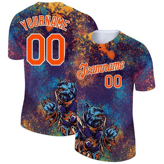 Custom Purple Orange-White 3D Pattern Design Holi Festival Color Powder Performance T-Shirt - Main View