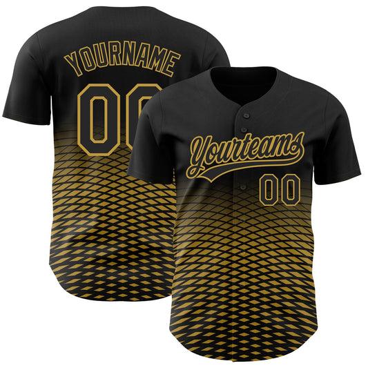 Custom Black Old Gold 3D Pattern Design Gradient Lines Authentic Baseball Jersey - Main View