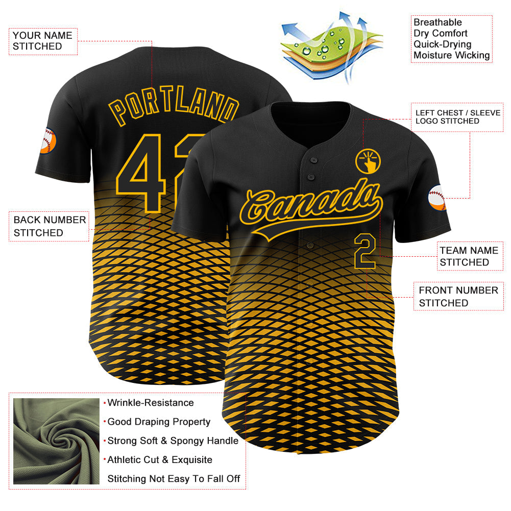 Custom Black Gold 3D Pattern Design Gradient Lines Authentic Baseball Jersey view 3