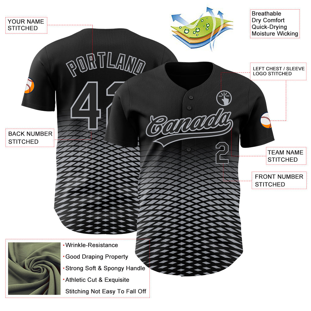Custom Black Gray 3D Pattern Design Gradient Lines Authentic Baseball Jersey view 3