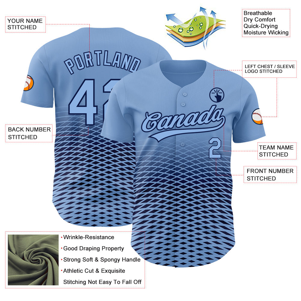 Custom Light Blue Navy 3D Pattern Design Gradient Lines Authentic Baseball Jersey view 3