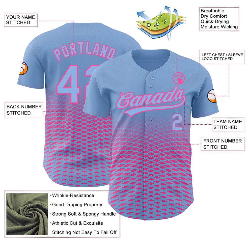 Custom Light Blue Pink 3D Pattern Design Gradient Lines Authentic Baseball Jersey view 3