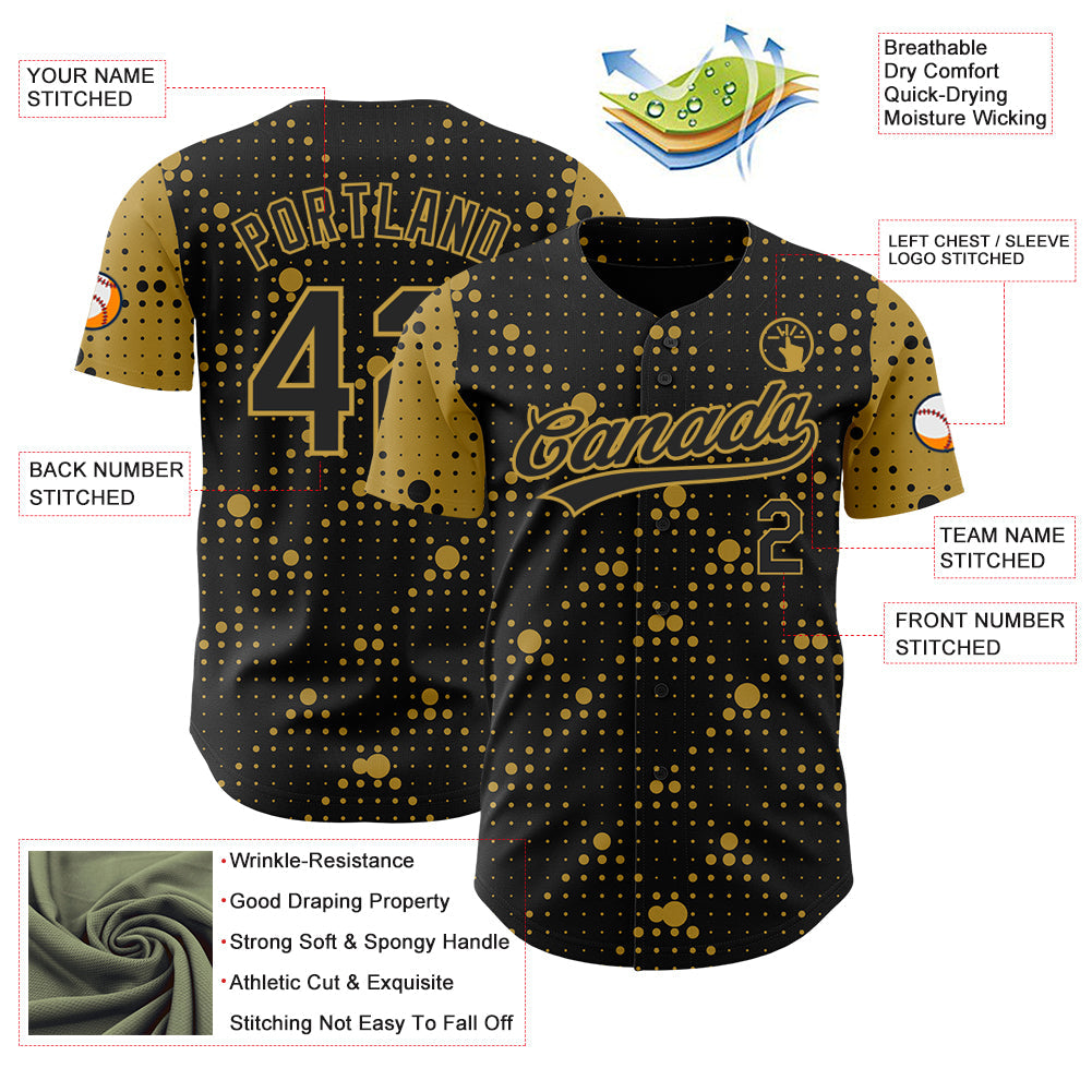 Custom Black Old Gold 3D Pattern Design Geometric Halftone Dots Authentic Baseball Jersey view 3