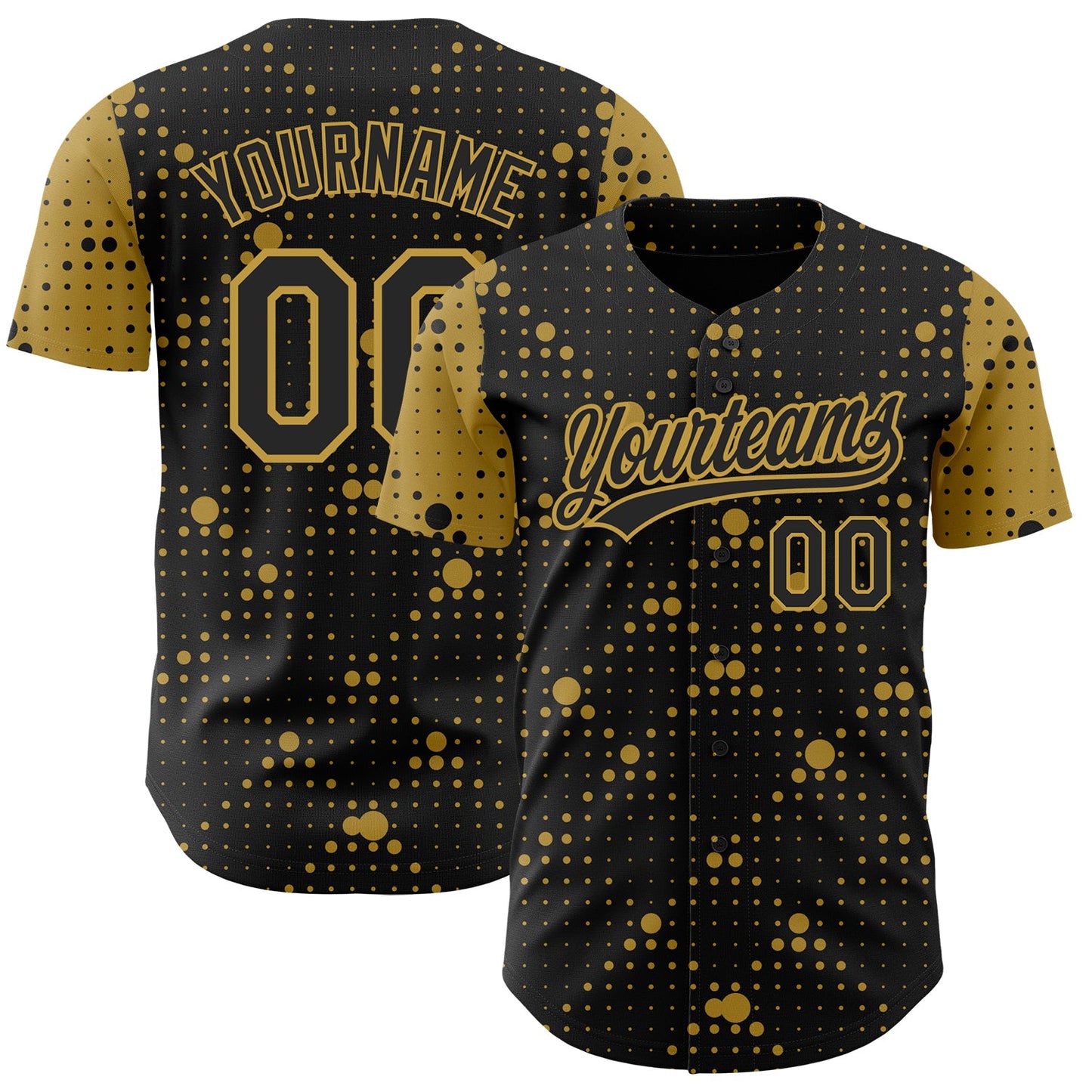 Custom Black Old Gold 3D Pattern Design Geometric Halftone Dots Authentic Baseball Jersey - Main View
