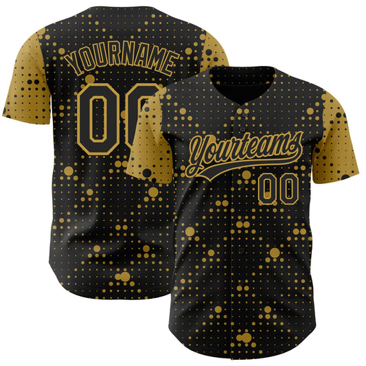 Custom Black Old Gold 3D Pattern Design Geometric Halftone Dots Authentic Baseball Jersey - Main View