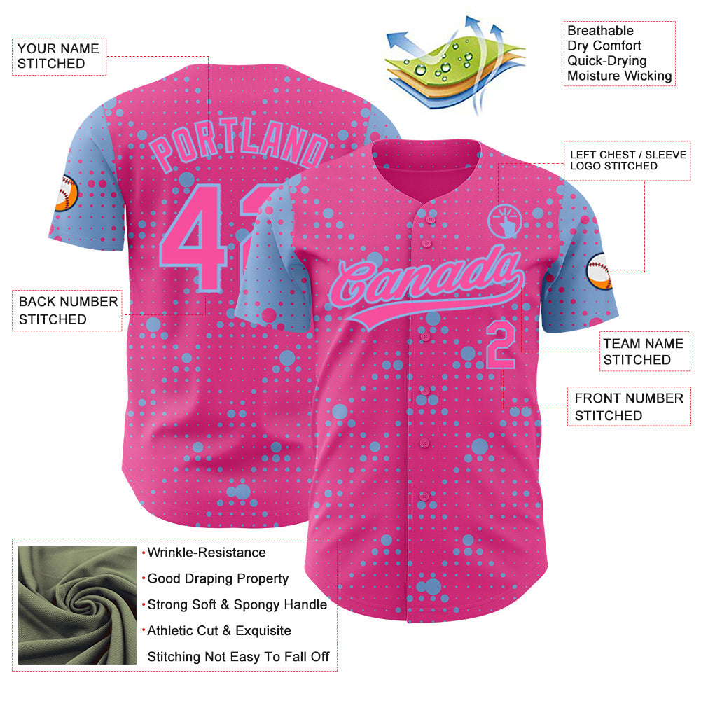 Custom Pink Light Blue 3D Pattern Design Geometric Halftone Dots Authentic Baseball Jersey view 3