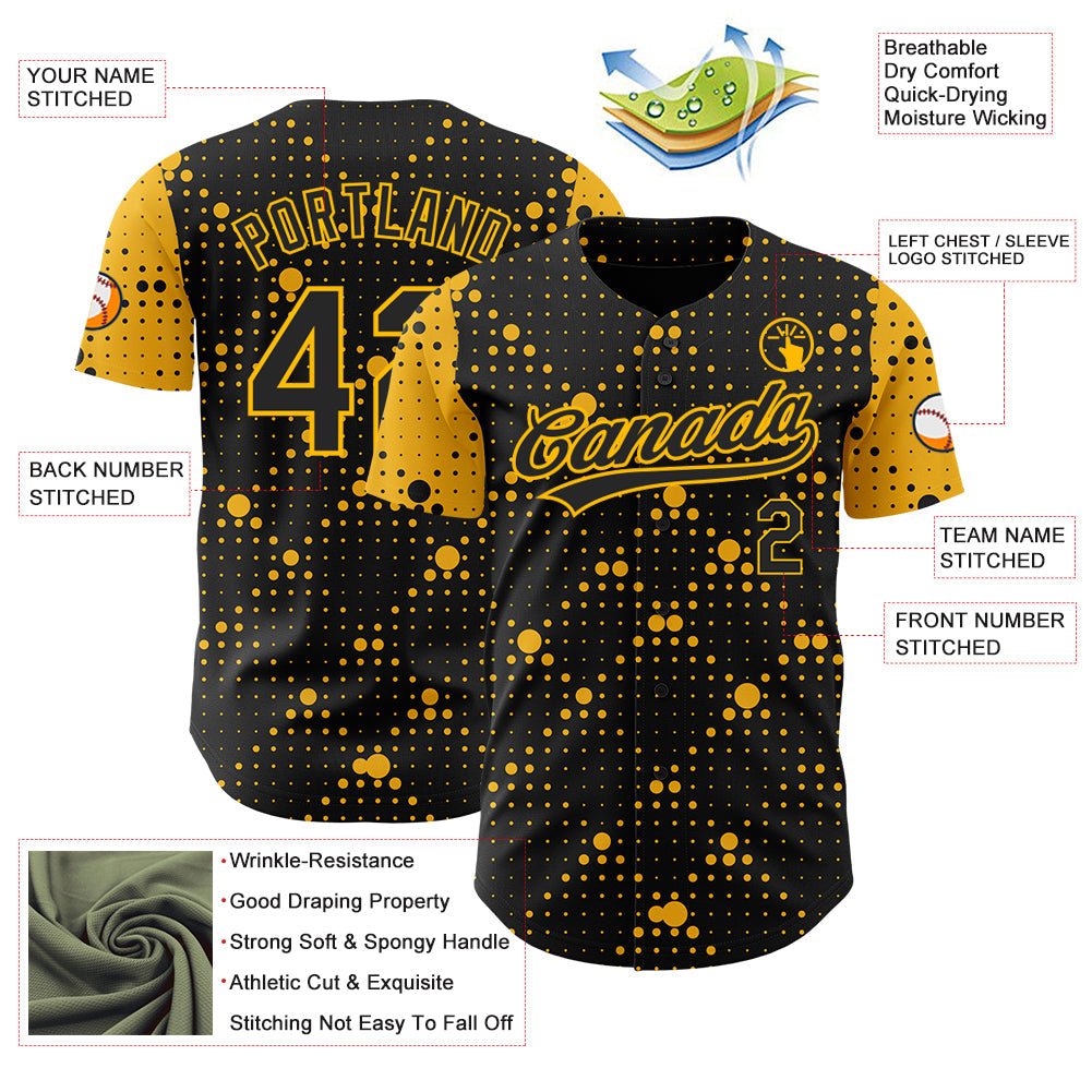 Custom Black Gold 3D Pattern Design Geometric Halftone Dots Authentic Baseball Jersey view 3