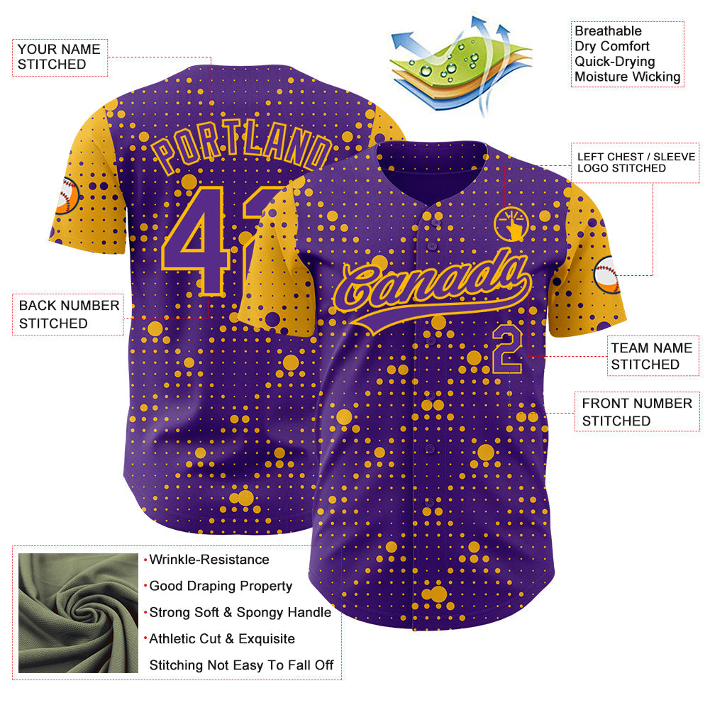 Custom Purple Gold 3D Pattern Design Geometric Halftone Dots Authentic Baseball Jersey view 3