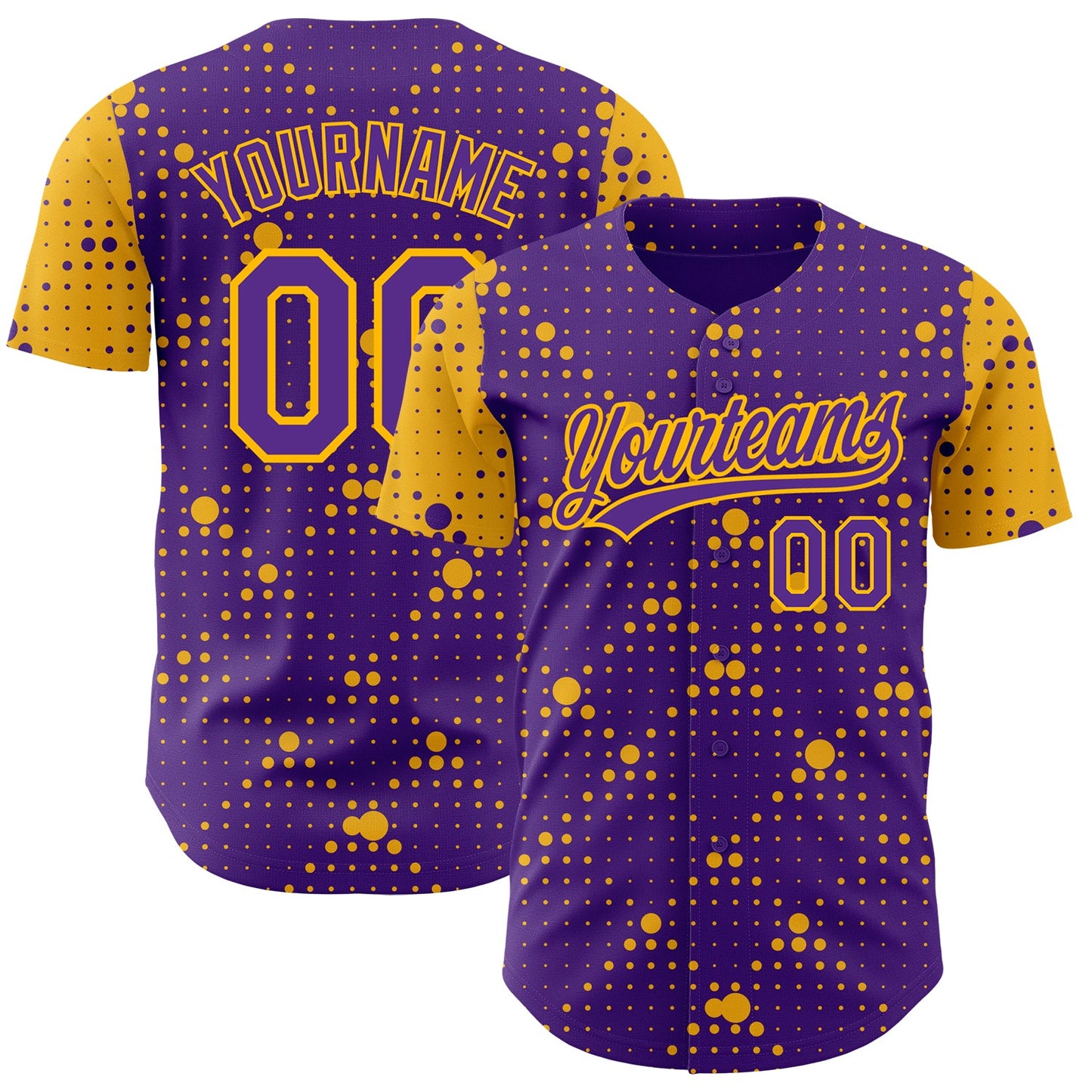 Custom Purple Gold 3D Pattern Design Geometric Halftone Dots Authentic Baseball Jersey - Main View