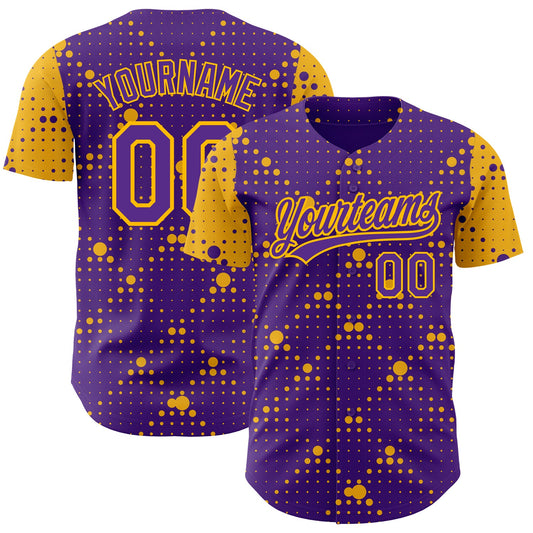 Custom Purple Gold 3D Pattern Design Geometric Halftone Dots Authentic Baseball Jersey - Main View