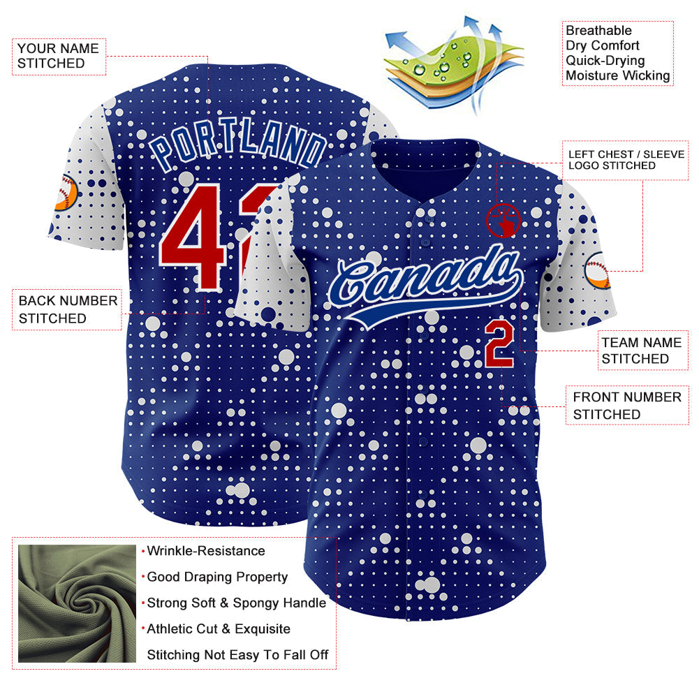 Custom Royal Red-White 3D Pattern Design Geometric Halftone Dots Authentic Baseball Jersey view 3