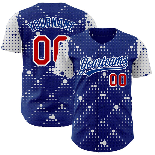 Custom Royal Red-White 3D Pattern Design Geometric Halftone Dots Authentic Baseball Jersey - Main View